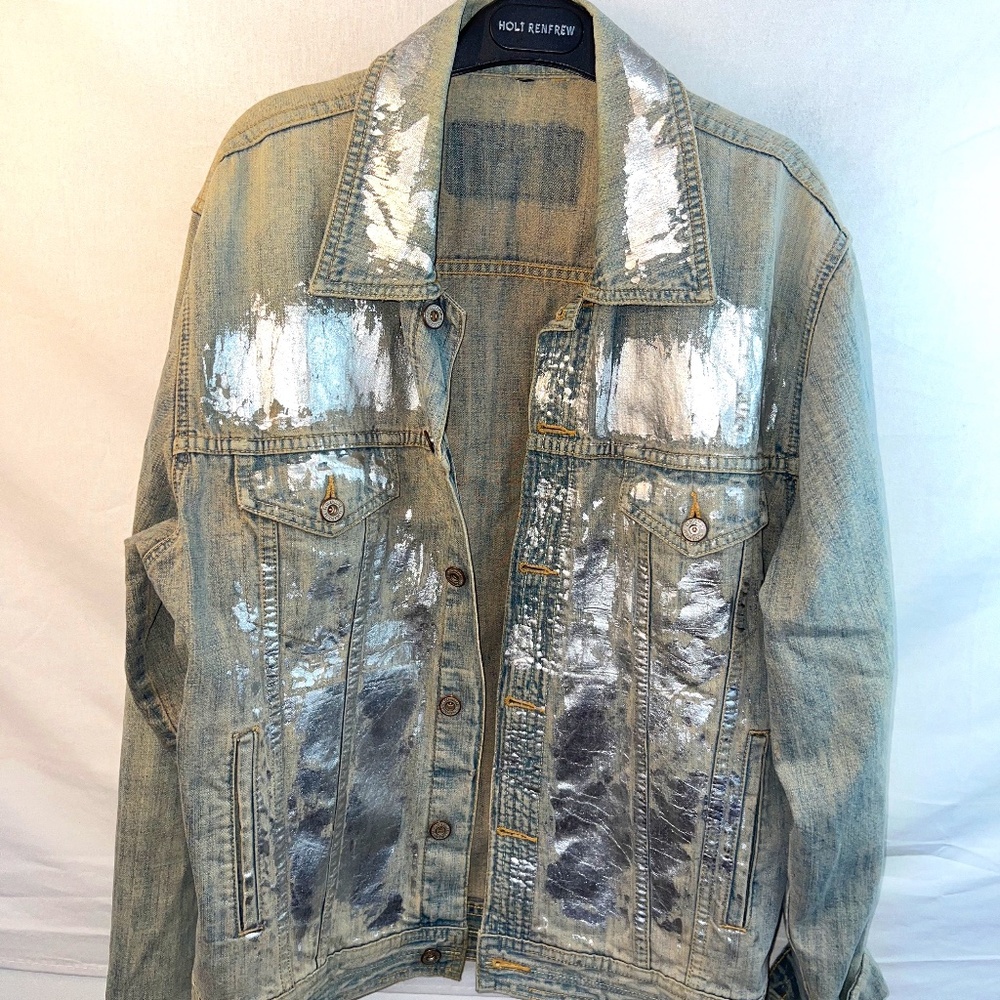 Vintage 'CLOCKHOUSE' Silver Metallic Painted Bleached Wash Denim Jacket M Unisex